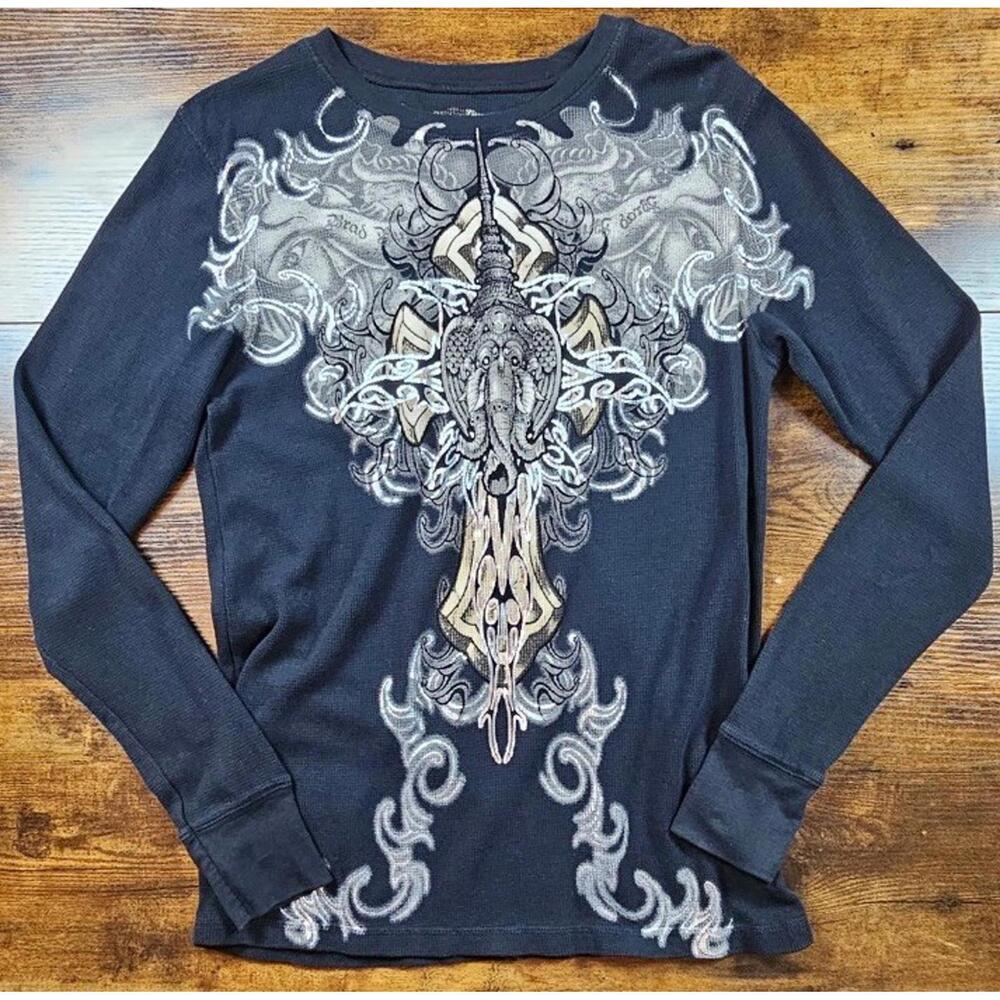Vintage Y2K Brad Butter Cross AOP Long Sleeve Thermal Black Shirt Medium‎ USA